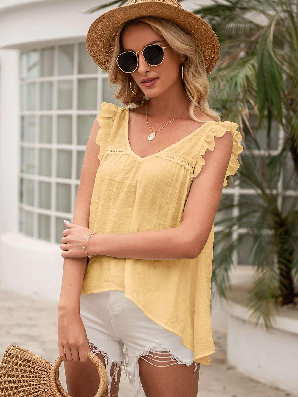 Ivy Lane Tie Back V - Neck Ruffled Blouse - VILLA FASHION